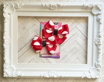 Set red, white & black polka dot mini bows pigtail clips