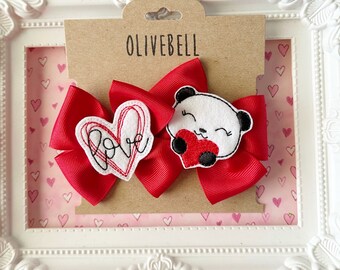 Set Valentine Love Panda bows pigtail clips