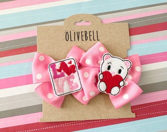 Set Valentine Love bear bows pigtail clips