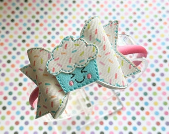 Kawaii birthday cupcake vinyl embroidered headband 4” bow