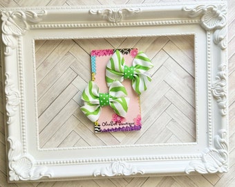 Set lime green & white zebra or tiger stripe mini bows pigtail clips