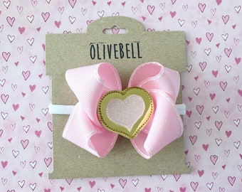 Valentine pink & gold heart bow stretch headband