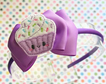 Purple cupcake  headband 4” bow