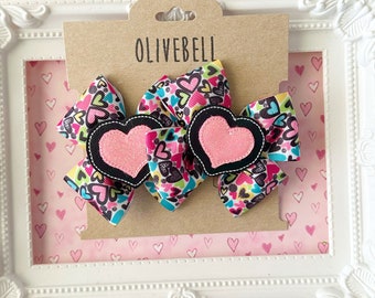 Set black & pink heart graffiti bows pigtail clips