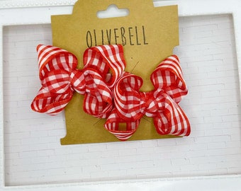 Set red and white gingham check mini bows pigtail clips