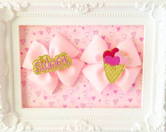 Set pink & gold  sweet heart ice cream bows pigtail clips