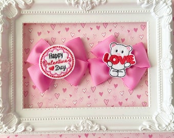 Set Happy Valentine’s Day  Love bear bows pigtail clips