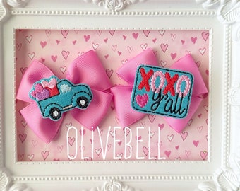 Set Valentine truck  bows pigtail clips