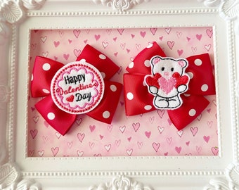 Set Happy Valentine’s Day heart banner bear bows pigtail clips