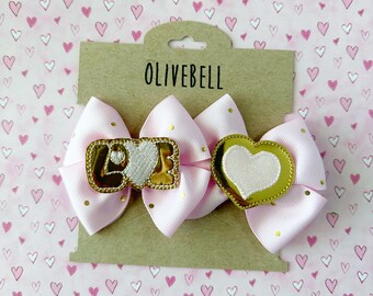 Set light pink & gold love heart bows pigtail clips