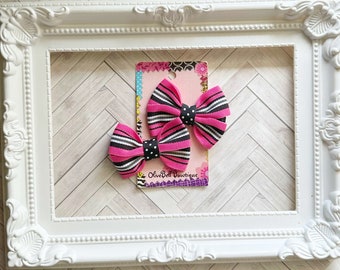 Set hot pink black & white stripes mini bows pigtail clips