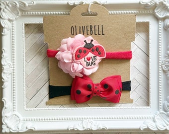 Set of 2 love bug lady bug stretch headbands