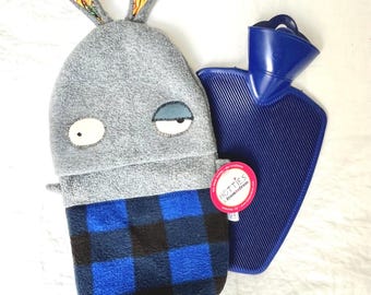 Monster Bunny Hot Water Bottle Cover with German Bottle – Handmade Fleece & Sweater Applique