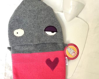 Monster Bunny Hot Water Bottle Cover with German Bottle – Handmade Fleece & Sweater Appliqué
