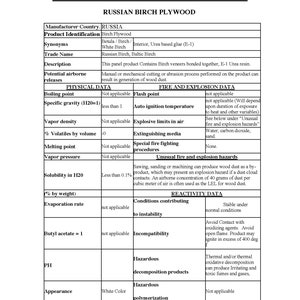 Puede incluir: Una ficha de datos de seguridad para contrachapado de abedul ruso. La hoja proporciona informaci&oacute;n sobre las propiedades del producto, incluyendo su punto de ebullici&oacute;n, punto de inflamaci&oacute;n, temperatura de autoignici&oacute;n y l&iacute;mites de explosi&oacute;n en el aire. Tambi&eacute;n incluye informaci&oacute;n sobre la reactividad del producto, incluyendo las condiciones que contribuyen a la inestabilidad, la incompatibilidad y los productos de descomposici&oacute;n peligrosos.
