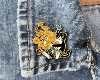 Tuxedo Cat with Flowers Enamel Pin, Whimsical Cat Brooch