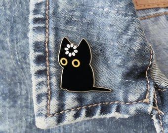 Black Cat with Flower Enamel Pin, Cute Cat Lapel Pin