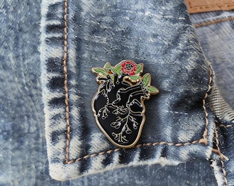 Anatomical Heart Rose Enamel Pin Gothic Lapel Pin