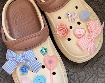 Croc Charms | Blue Pink Gingham Bow & Lollipop, Shoe Accessories , DIY Clog Decoration Set