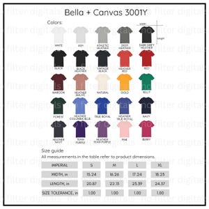 Tabla de tallas Bella Canvas 3001Y Maqueta de la tabla de colores Bella y Canvas Maquetas de la tabla de tallas para niños Guía de tallas de camisetas para niños Tabla de tallas para jóvenes Combo