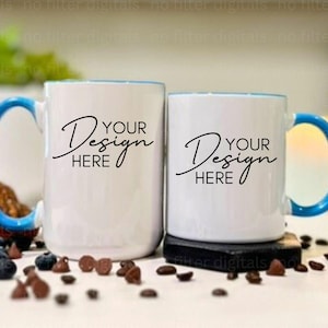 NEW 11oz and 15oz Light Blue Accent Ceramic Mug Mockup Duo, Coffee Cup Mock-up, Mug Mock ups Print on Demand Iced Coffee Glass Printify Mug