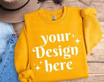 Gildan 18000 Gold Folded Flat Lay Sweatshirt Mockup Gildan 18000 Neutral Mockup Gold Sweater Mock Up Gildan 18000 Flatlay Mockup