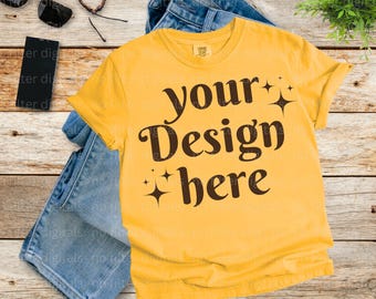 Citrus Comfort Colors 1717 T-shirt Mockups per lui e lei Stile di vita popolare Mockup piegato piatto Camicia a maniche corte Nuovo 1717 Flat Lay