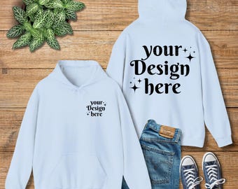 Light Blue Gildan 18500 Front Back Simple Minimal Wood Floor Folded Flat Lay Hoodie Mockup 18500 Mockups Sweatshirt Sweater Mock up