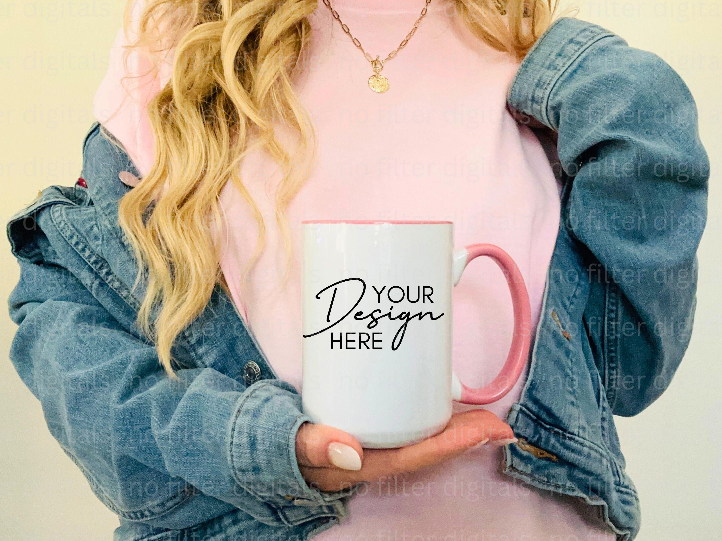 NEW 15oz Accent Ceramic Mug Mockup, Coffee Cup Mock-up, Mug Mock ups 15oz Print on Demand Image Printify Mug Pink Handle