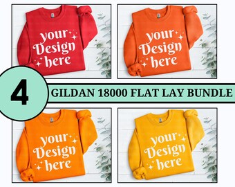 Gildan 18000 Safety Orange Red Orange Gold Folded Flat Lay Sweatshirt Mockup Bundle Bright Colors Mockup Sweater Flatlay Mock Ups