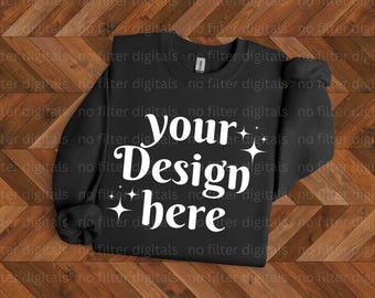 Black Gildan 18000 Simple Minimal Wood Floor Folded Flat Lay Sweatshirt Mockup, 18000 Mockup, Folded Mockup, Flatlay Sweatshirt