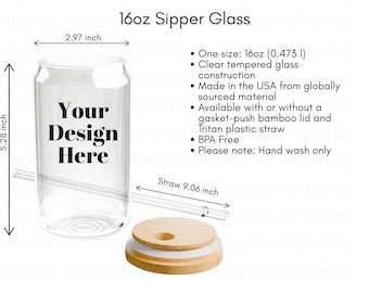 16oz Glass Can Size Chart Mockup, Glass Beer Can Mock-up, Printify Sipper Print on Demand Size Chart and Product Details Info Image