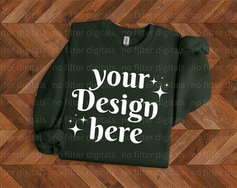 Maqueta de sudadera con diseño plano y doblado de piso de madera minimalista simple Gildan 18000 verde bosque, maqueta 18000, maqueta doblada, sudadera con diseño plano