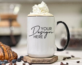 NEW 15oz Accent Ceramic Mug Mockup, Coffee Cup Mock-up, Mug Mock ups 15oz Print on Demand Image Coffee Maker Printify Mug Black Handle
