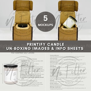 Printify Soy Candle Un-boxing Images Tabela de tamanhos Tabela de informações sobre aromas Maquete de vela em recipiente de pote de soja Velas com tampa preta Unboxing Informações sobre aromas