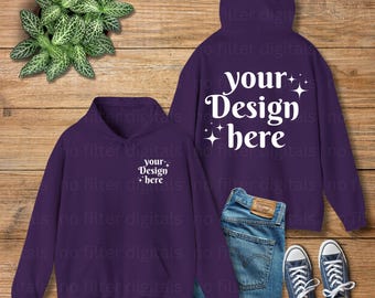 Purple Gildan 18500 Front Back Simple Minimal Wood Floor Folded Flat Lay Hoodie Mockup 18500 Mockups Sweatshirt Sweater Mock up