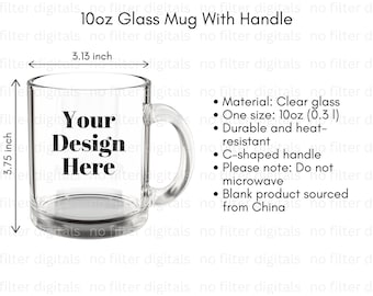 10oz Clear Glass Mug With Handle Size Chart Mockup Coffee Cup Mock-up Mug Mock ups Printify Printed Mint Print on Demand Product Detail Info