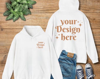 White Gildan 18500 Front Back Simple Minimal Wood Floor Folded Flat Lay Hoodie Mockup 18500 Mockups Sweatshirt Sweater Mock up
