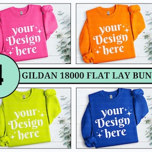 Gildan 18000 Safety Pink Green Orange Royal Folded Flat Lay Sweatshirt Mockup Bundle Bright Colors Mockup Sweater Flatlay Mock Ups
