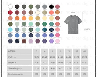 Comfort Colors 1717 Minimalist Style Size Chart and Color Chart Combo Simple Clean Design Single Page All Printify CC1717 Colors Offered