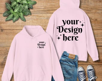 Light Pink Gildan 18500 Front Back Simple Minimal Wood Floor Folded Flat Lay Hoodie Mockup 18500 Mockups Sweatshirt Sweater Mock up