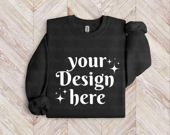 Black Gildan 18000 Simple Minimal Wood Floor Folded Flat Lay Sweatshirt Mockup, 18000 Mockup, Folded Mockup, Flatlay Sweatshirt Mock up