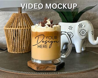 NEW Boho Video Mockup 10oz Clear Glass Mug Mockup Video, Coffee Cup Mock-up, Mug Mock ups 10oz Print on Demand Image Printify Mug Mockup