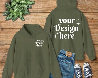 Military Green Gildan 18500 Front Back Simple Minimal Wood Floor Folded Flat Lay Hoodie Mockup 18500 Mockups Sweatshirt Sweater Mock up