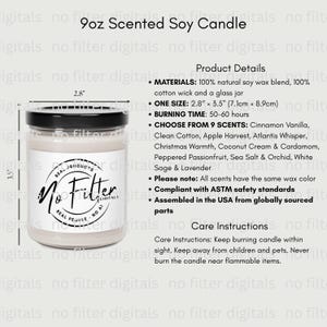 5 mockups de velas Printify de 9 onças com 3 mockups de velas estilo de vida, 1 tabela de tamanhos e 1 lista de informações de perfil de aroma JPEGs POD Candle Mockups