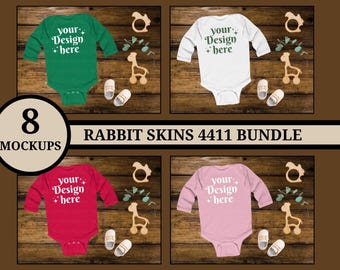 Rabbit Skins 4411 Baby Bodysuit Mockup Bundle Eight Long Sleeve Baby Bodysuit Mockups Flat Lay Mockup Newborn Baby Mockups