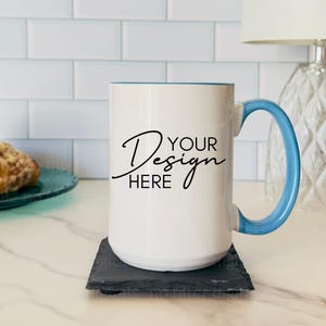 NEW 15oz Accent Ceramic Mug Mockup, Coffee Cup Mock-up, Mug Mock ups 15oz Print on Demand Iced Coffee Glass Printify Mug Light Blue Handle