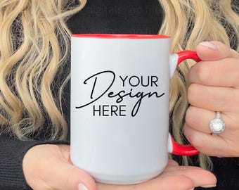 NEW 15oz Accent Ceramic Mug Mockup, Coffee Cup Mock-up, Mug Mock ups 15oz Print on Demand Image Coffee Maker Printify Mug Red Handle