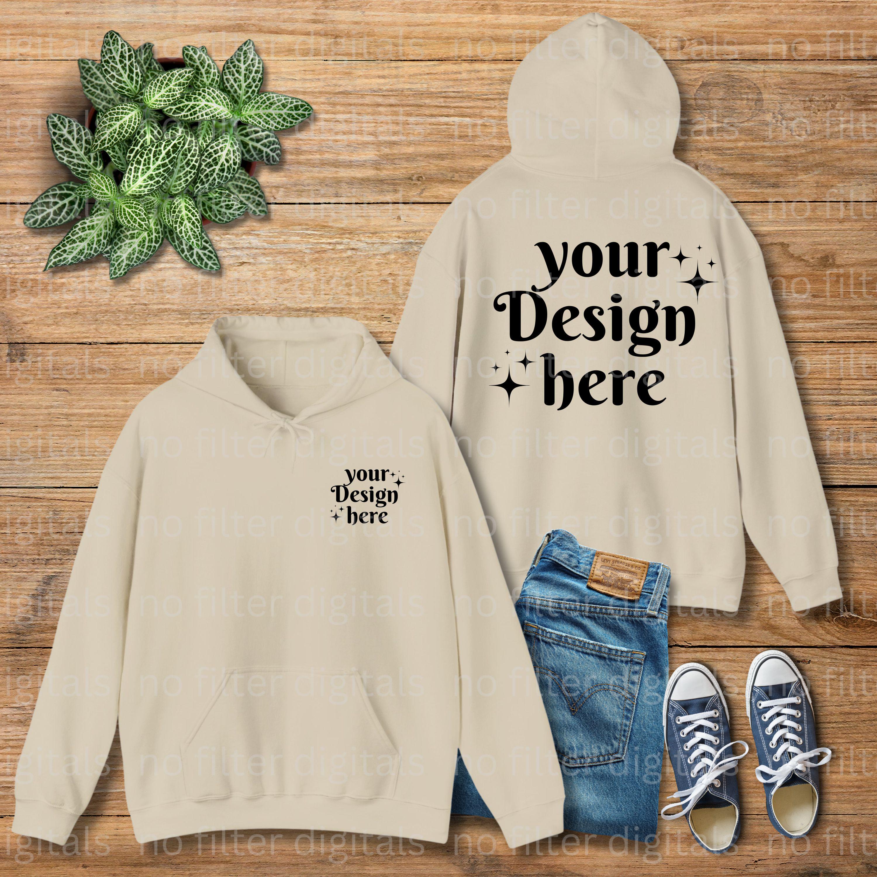 Sand Gildan 18500 Front Back Simple Minimal Wood Floor Folded Flat Lay Hoodie Mockup 18500 Mockups Sweatshirt Sweater Mock up