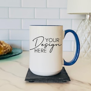 NEW 15oz Accent Ceramic Mug Mockup, Coffee Cup Mock-up, Mug Mock ups 15oz Print on Demand Image Iced Coffee Glass Printify Mug Blue Handle